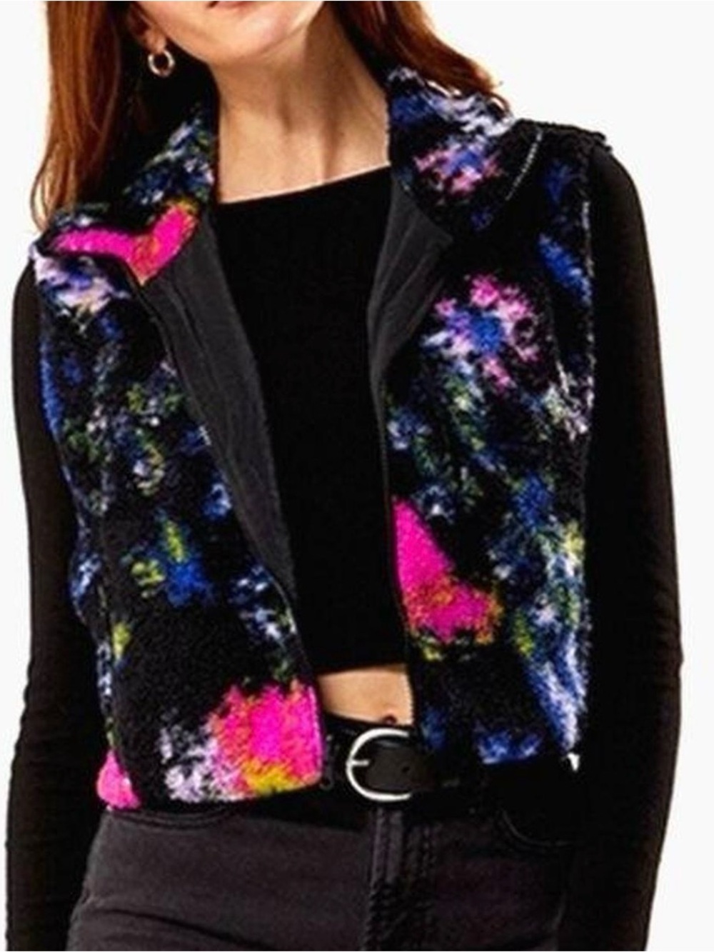 🍁🍂🌸Champion Black Sherpa Zip Vest with Neon Tie-Dye Accents